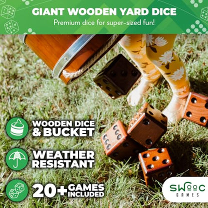 Swooc Games - Yardzee, Farkle & 20+ Giant Dice Games (All Weather) Yard Dice with Wooden Bucket, 5 Scorecards & Marker - Jumbo Dice Yard Game - Extra Large Yard Game for Adults - Jumbo Lawn Fun - size: 3.5" Dice