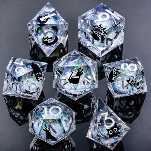 Roycevon Resin DND Dice Set with Gift Box, 7Pcs Liquid Core Cat D&D Dice, Cute Dungeons Dragons D and D Dice, Sharp Edge Role Playing Game Dice D20 D12 D10 D8 D6 D4, Rainbow White - color: Rainbow White