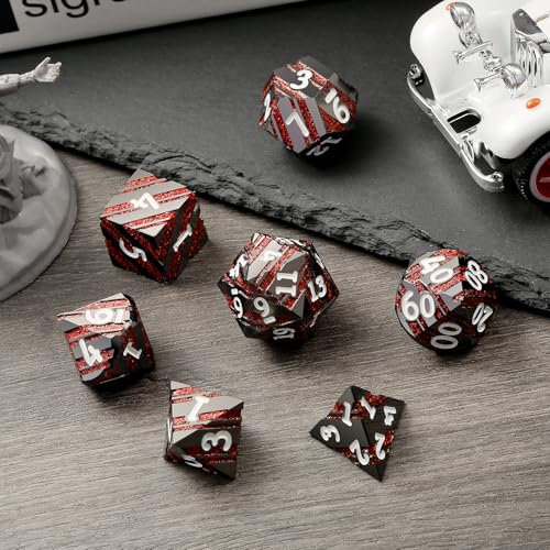 Stripe D&D Dice,DNDND Metallic Glitter Stripes Dice with Gift Metal Box for Dungeons and Dragons Tabletop Game (Red Stripes) - color: Stripe Red