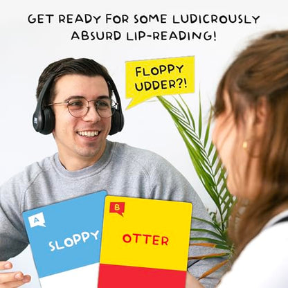Lucky Egg Sorry What Family Edition, Lip Reading & Headphone Challenge Game | Age 8+, 100 Cards, 1 Pair of Headphones, 1 Charging Cable, 40,000 Word Phrase, Party Games for Game Night - style: Family Edition (Age 8+)