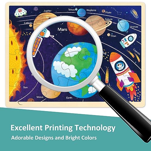 48 Piece Puzzles for Kids Ages 4-8, Solar System Wooden Jigsaw Puzzles for Toddlers 4 Year Old, Each Piece is Unique, Preschool Space Puzzle Ages 3-5 with Puzzle Tray - style: 48 Piece