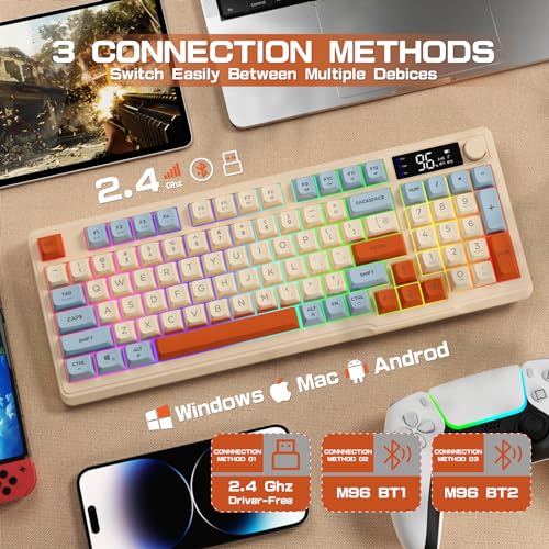 LexonElec M96 Wireless Gaming Keyboard,Knob Control Bluetooth/2.4G Wireless Mechanical Feeling Keyboard,RGB LED Backlit with Display Screen, PBT Keycap, 3000mAh, 94-Key Layout for Win/Mac (Blueberry) - color: Blueberry