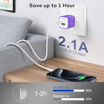AILKIN USB Wall Charger, Charger Adapter, 2.1A Dual Port Quick Charger Plug | USB A Cube for iPhone, Samsung Galaxy Double USB A AC Power Adapter US Standard Travel Old Supply Box Charging Block - color: Purple, style: Block