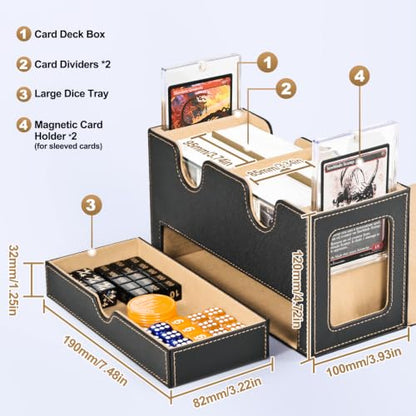 UAONO MTG Deck Box with 2 Commander Display and Dice Tray-Patented Design, Double Deck Box for 280+ Single Sleeved Cards, Leather Magnetic Card Storage Box Fits for TCG CCG Magic Cards (Black&Khaki) | 2 Magnetic Card Holders & 1 Dice Tray, Fits 200 Double