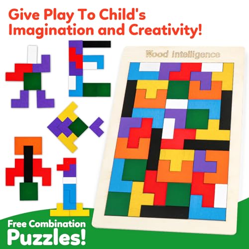 Wooden Puzzles,Geometric Shape Logic Hexagon Puzzle Toys Brain Teasers STEM Montessori Educatioanl IQ Board Games Easter Basket Stuffers Gift for Kids Boys Girls Ages 3+ (4 Pack) - style: Puzzle set-4pcs