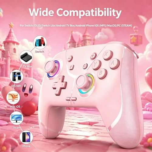 Switch Controller, Wireless Pro Controller for Nintendo Switch 2/Switch/Lite/OLED, Bluetooth controllers Compatible with iPhone/Mac/iPad/iOS/Android/Phone/PC/Steam and TV with Programming/RGB4/Vibration / 3 Turbo Modes/6-Axis/Motion (Pink) - color: Pink