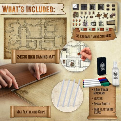 Melee Mats DND Map Starter Set - 24” x 36", Wet & Dry Erase Battle Terrain Grid for Dungeons and Dragons - Ultimate Tabletop Gaming Experience with Accessories - color: Version 2