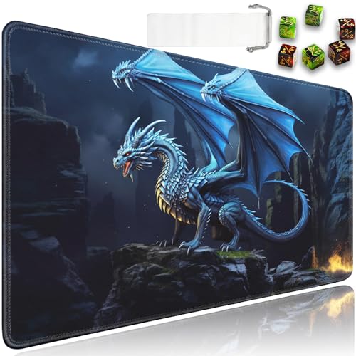 for MTG Playmat + Drawstring Travel Pouch + 6 Dice Counter, for Trading Card Game Playmats or Mouse Pad, Anti-Slip Rubber 24 x 14 in, Blue Flying Dragon for TCG Playmat (No with Zone) - color: JV-Playmat-5-1-A17