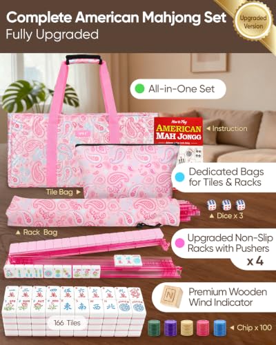 BALE ® Original American Mahjong Tile Set with Complete Game Accessories | 166 Pink Engraved 1.2" Mah Jongg Tiles, 4 Acrylic Racks Pushers,3Pcs Printed Majong Carrying Bags, Travel Family Friend Club - color: Printed Pink