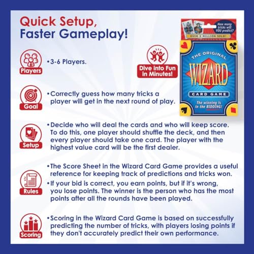 The Original Wizard Cards Game and Card Holder for Playing Cards (4-Pack) - Classic Card Game for Vacations and Game Nights with Hands-Free Cards Holder for Seniors - Wizard Scoring Sheets