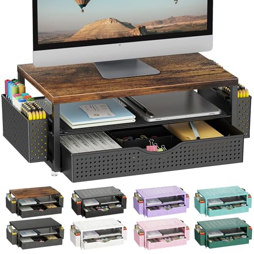 gianotter Desk Organizers and Accessories, Monitor Stand with Drawer and 2 Pen Holder, Desktop Organizer Suitable for Offices and Dormitories (Wood-Plain) - color: Wood-Plain
