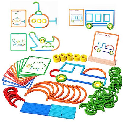 142pcs Wooden Pattern Blocks Montessori Smart Sticks Wooden Tangram Puzzle STEM Toy Activities Preschool Brain Teaser Montessori Toys Gift for 3 4 5 Years Old Kids Boys Girls