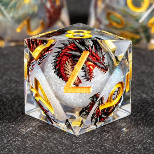 KERWELLSI Liquid Core Dragons Pattern Dice, Resin DND Dice Set with Gift Box, White and Gold Sharp Edged Dungeons D&D Dice, Role Playing Game Dice D20 D12 D10 D8 D6 D4 - color: White and Gold