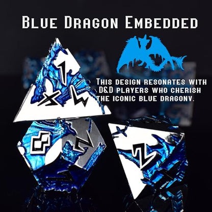 Rule Dice - D&D Dice Set, Metal Dice Sets, Dungeons and Dragons Dice Set with Gift Box, D20 D4 D12 D10 D% D8 D6, Blue Dragon Style Gaming DND Dice for MTG RPG TTPRG (Silver Black) - color: Silver Black