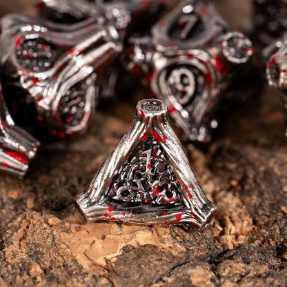 Metal DND Dice 7PCS Metal Dice Set Bloodstained for Tabletop Games | Leather Storage Bag, DM Gift, for Dungeons and Dragons Role Playing Games - color: Metal Tree-blood