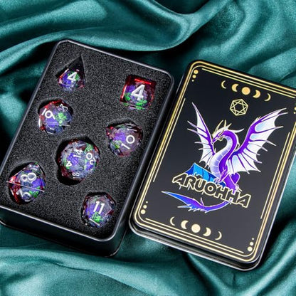 ARUOHHA Liquid Core DND Dice Set, Vampire Sharp Edged Dragons Dice Compatible with D&D RPG Role Playing Games, Resin Blood Red Polyhedral Dungeons D and D Dice with Gift Box D20 D12 D10 D8 D6 D4 - color: Rose - Silver Purple
