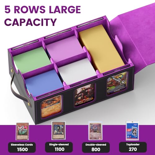 MTG Card Storage Box-Massive 3600+Leather Magnetic Deck Box w/Commander Display | Includes: 6 Toploaders, 4 Dividers, 2 Stoppers, 1 Dice Tray | for TCG & Sports Cards (Black Purple)