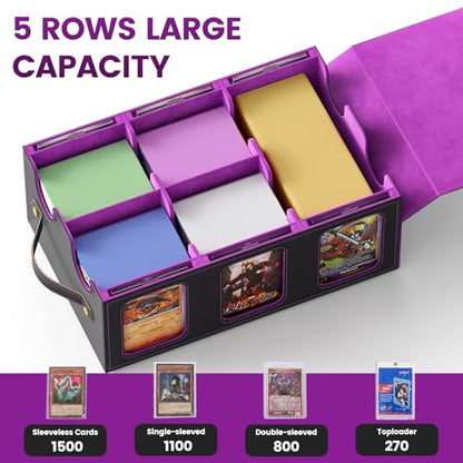 MTG Card Storage Box-Massive 3600+Leather Magnetic Deck Box w/Commander Display | Includes: 6 Toploaders, 4 Dividers, 2 Stoppers, 1 Dice Tray | for TCG & Sports Cards (Black Purple)