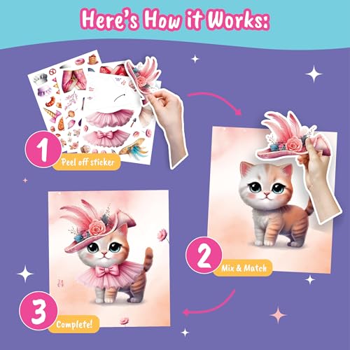 Sticker Dress Up Book for Girls Kitten Activity Ages 5-8 | Features 270+ reusable stickers and fashion design guides to spark creativity in children ages 5, 6, 7, and 8. - color: Dress Up - Kitten
