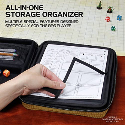 ENHANCE RPG Organizer Case - DnD Binder with Built-in Character Sheet Holder and Erasable Scribe Panel, Dice Rolling Area, Removable Pen Pouch, Miniature Foam Tray, Wrist Strap - color: Dragon Gold