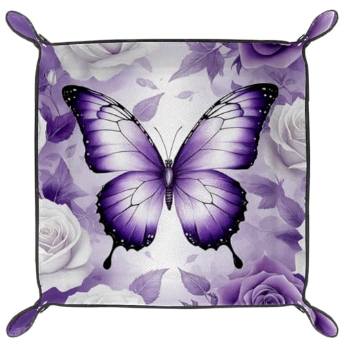 Butterfly Rose Purple Dice Tray Folding Square PU Leather Dice Rolling Tray | Portable Dice Trays for Dice Games Like RPG, DND and Other Table Games, Folded 4.5x4.5x1.2inch - color: Butterfly Rose Purple