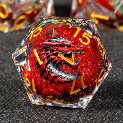 KERWELLSI Liquid Core Dragons Pattern Dice, Resin DND Dice Set with Gift Box, Red and Gold Sharp Edged Dungeons D&D Dice, Role Playing Game Dice D20 D12 D10 D8 D6 D4