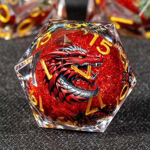 KERWELLSI Liquid Core Dragons Pattern Dice, Resin DND Dice Set with Gift Box, Red and Gold Sharp Edged Dungeons D&D Dice, Role Playing Game Dice D20 D12 D10 D8 D6 D4