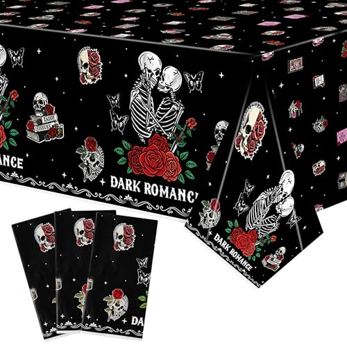 3Pcs Dark Romance Party Tablecloths - Skull Rose Gothic Party Table Cover Decoration Book Lover Theme Rectangular Plastic Disposable Table Cloth Decor for Kid Boy Girl Gothic Birthday Book Lover Event - color: Dark Romance
