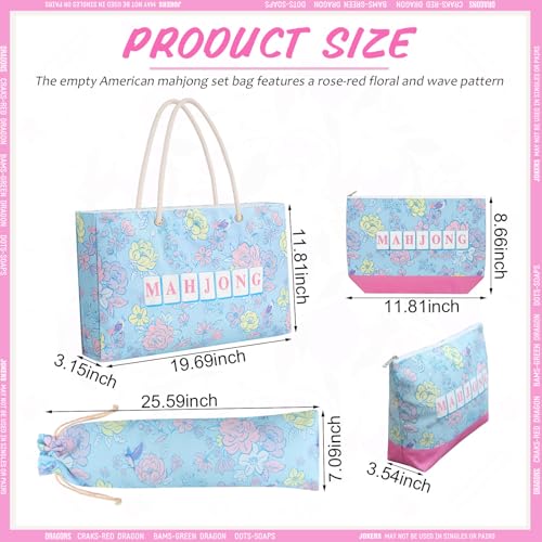 Soulchen 3 Pcs Empty Mahjong Bag Set American Mahjong Buckled and Zippered Carrying Bag with Handle, Tile case and Drawstring Protective Sleeve for Rack Game Travel Accessories Gift(Blue Floral) - style: Blue Floral