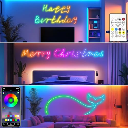 Cozylady RGB Neon Light LED Rope Light,Waterproof Bluetooth APP Remote Control Music Sync Strip Light,24V Flexible DIY Silicone Light for Bedroom Home Indoor Outdoor Decoration - size: 50 ft
