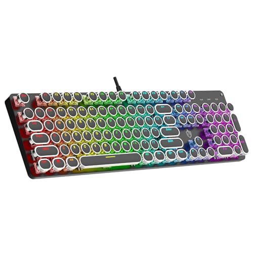 Typewriter Mechanical Gaming Keyboard with RGB Backlit Red Switches, 104 Keys Retro Round Keycap, Wired Typewriter Style Comfortable Typing Soud (R-Black) - color: R-Black