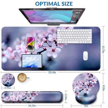 Desk Mat Set Keyboard and Mouse Pad with Wrist Rest Support | Ergonomic,Pain Relief, 4-in-1 Large Big Mousepad Computer Mats,Desk Pad Matt Mats for Desktop Home & Office - color: L1-Cherry Blossom