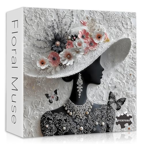 Impossible Puzzles for Adults 1000 Pieces,PICKFORU Floral Muse Puzzle Elegant Lady,Beauty Flower Woman Puzzle Black and White Pearl,Hard Challenge Jigsaw Puzzles Aesthetic - style: Floral Muse Puzzle