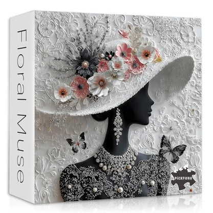 Impossible Puzzles for Adults 1000 Pieces,PICKFORU Floral Muse Puzzle Elegant Lady,Beauty Flower Woman Puzzle Black and White Pearl,Hard Challenge Jigsaw Puzzles Aesthetic - style: Floral Muse Puzzle