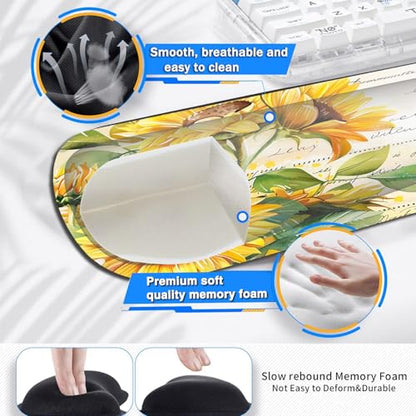 Large Gaming Mouse Pad+ Keyboard Wrist Rest Set, Ergonomics Memory Foam Mouse Mat Wrist Rest Support for Home Office, Waterproof Extended Mousepad 31.5x11.8in, Sunflower White Desk Pad - color: Yvb-mousepad-9-f-161