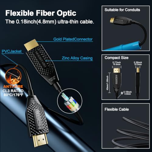 10k 8K Fiber Optic in-wall CL3 Rated HDMI Cable Long 30FT 48Gbps Certified High speed HDMI 2.1 Cord 8K@60Hz 4K@120Hz 10K@30Hz,HDCP 2.2/2.3 eARC HDR10 Dolby Compatible with PC TV Monitor Laptop PS4/PS5 - size: 30FT
