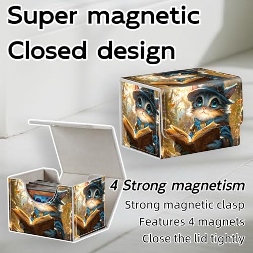 Trading Card Storage Box, Holds 100+ for MTG Cards, PU Leather with Magnetic Closure, Little Mage Cat Reading in Woods Durable Deck Box for Magic the Gathering, Trading Card Games - color: Little Mage Cat Reading in Woods