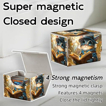 Trading Card Storage Box, Holds 100+ for MTG Cards, PU Leather with Magnetic Closure, Little Mage Cat Reading in Woods Durable Deck Box for Magic the Gathering, Trading Card Games - color: Little Mage Cat Reading in Woods