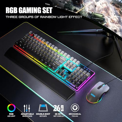 RedThunder K10 Wired Gaming Keyboard, Mouse Wrist Rest Combo, RGB Backlit, Mechanical Feel Anti-ghosting Keyboard + 7D 7200 DPI Mice+Soft Leather Wrist Rest 3 in 1 PC Gamer Accessories(Gradient Gray) - color: Gradient Gray