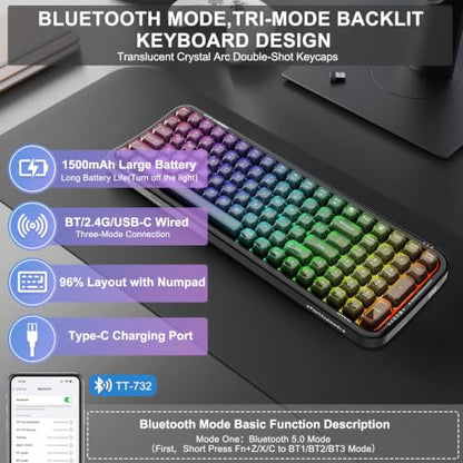 Wireless Computer Keyboard with RGB Backlit, Tri-Mode Bluetooth 5.0/USB-C/2.4GHz Ergonomic Gaming Keyboard - Full-Size Rechargeable Transparent Keycap for Laptop/Windows/PC - Black - color: 732 Black