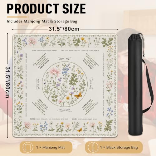 Wildflower Garden Mahjong Mat with Rules Non-Slip Noise Reduction Gaming Mats with Carrying Bag, American Mahjong Table Cover for Poker Board Card Games Dominoes, 31.5” x 31.5” - color: Wildflower Garden