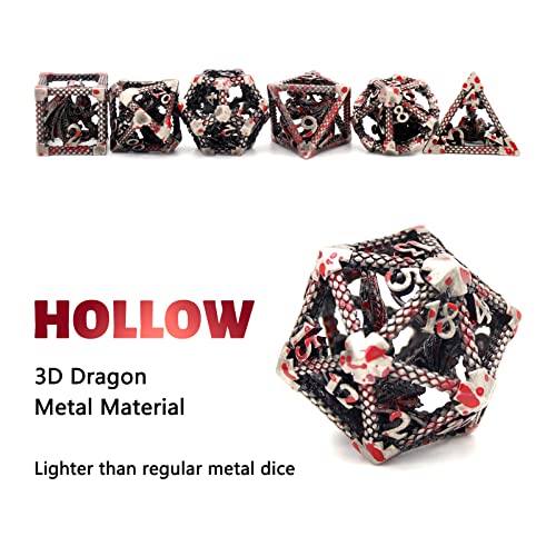 DND Dice Set,3D Hollow Dragon Metal 7-Die,Silver Blood Spot | Copper construction,68g Balanced weight,Engraved numbers,Gift box and Velvet bag for DND RPG play - color: 3d Silver Blood Spot