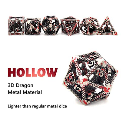 DND Dice Set,3D Hollow Dragon Metal 7-Die,Silver Blood Spot | Copper construction,68g Balanced weight,Engraved numbers,Gift box and Velvet bag for DND RPG play - color: 3d Silver Blood Spot