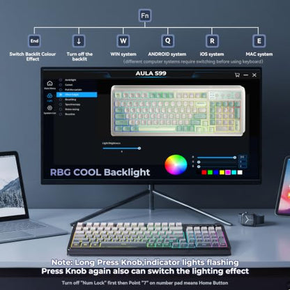 AULA Keyboard Gaming Wireless Creamy Computer Keyboards with Number Pad | Side-printed Light Transmission Letters Keyboard,99 Keys,RGB Backlit,Tri-Mode BT/2.4GHz/USB-C Connection,Gradient Grey - color: Gradient Grey