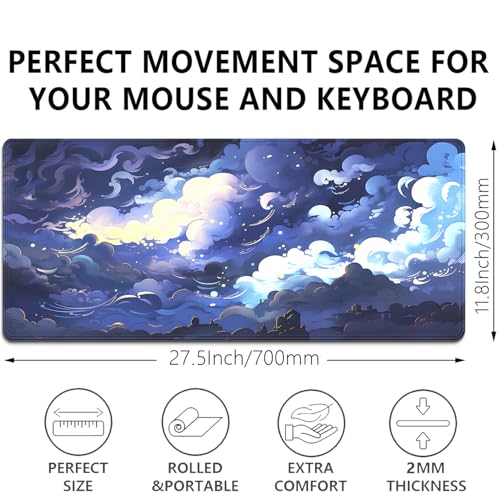 Blue Clouds Mouse Pad,Extended Stars Sky Dark Blue Clouds Mousepad Desk Pad with Stitched Edges,Non-Slip Waterproof Rubber Base Mouse Mat for Office Computer Keyboard Laptop Home 27.5x11.8 in - color: Blue Clouds