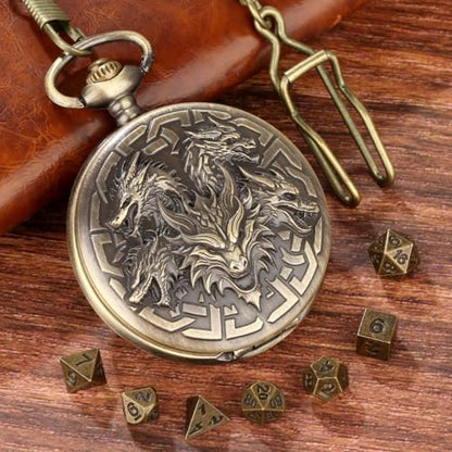 5 Dragon Heads Pocket Watch Case with 7pcs Polyhedral Tiny Metal Dice Kit, Mini DND Dice Set, D&D Starter Set, Role Playing Game Accessories, D&D Gifts with Gift Bag, Dragon Gifts - color: 5 Dragon Heads