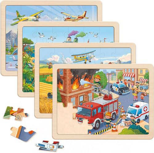 Wooden Puzzles for Kids Ages 4-6, 4 Pack with 24 Pieces Jigsaw Puzzles Preschool Educational Toys Gifts for Children Ages 3-5, Kids Toys Gifts for 4+ Year Olds Boys Girls - color: Vehicle Farm Airplane Boat