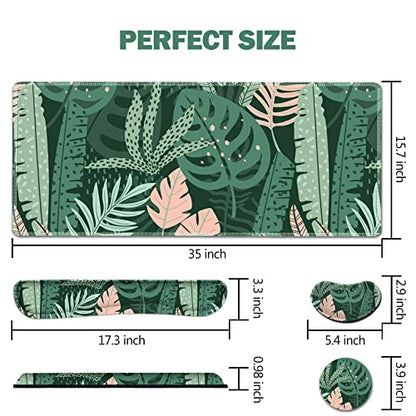 AIMSA Large Gaming Mouse Pad Set, Keyboard Wrist Rest Support Mouse Pad, Ergonomic Memory Foam Multifunctional Extended Desk Mat 35x15.7in Anti-Slip Rubber Base for Office Home, Pink Green Leaves - color: Pink Green Leaves