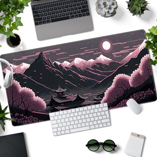 Sakura Blossom Desk Mat Japanese Scenery Mountain Large Mouse Pad XXL Extended Gaming Mousepad Japan Black Pink Aesthetic Desk Pad Keyboard Mouse Mat 31.5''X15.7'' Desk Decor - color: Sakura Blossom