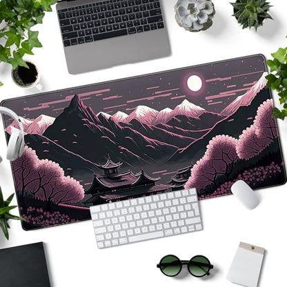 Sakura Blossom Desk Mat Japanese Scenery Mountain Large Mouse Pad XXL Extended Gaming Mousepad Japan Black Pink Aesthetic Desk Pad Keyboard Mouse Mat 31.5''X15.7'' Desk Decor - color: Sakura Blossom